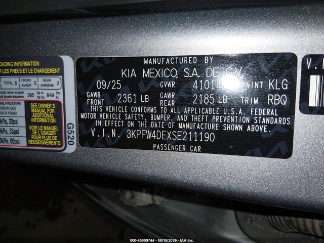 45909744 :رقم المزاد ، 3KPFW4DEXSE211190 vin ، 2025 Kia K4 Gt-line مزاد بيع