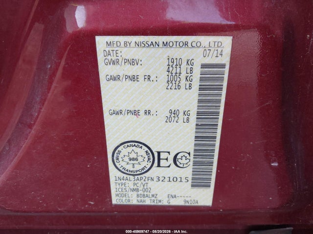 Aukcja sprzedaży 2015 Nissan Altima 2.5/2.5 S/2.5 Sl/2.5 Sv, vin: 1N4AL3AP2FN321015, numer aukcji: 45909747