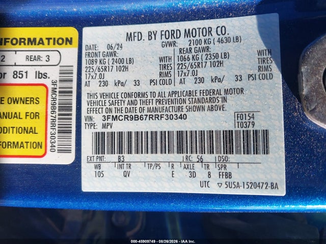 Продажа на аукционе авто 2024 Ford Bronco Sport Big Bend, vin: 3FMCR9B67RRF30340, номер лота: 45909749