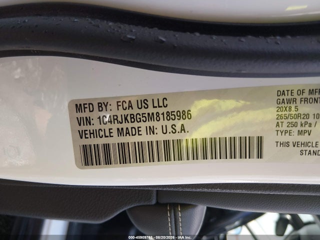 Продаж на аукціоні авто 2021 Jeep Grand Cherokee L Limited 4x4, vin: 1C4RJKBG5M8185986, номер лоту: 45909763