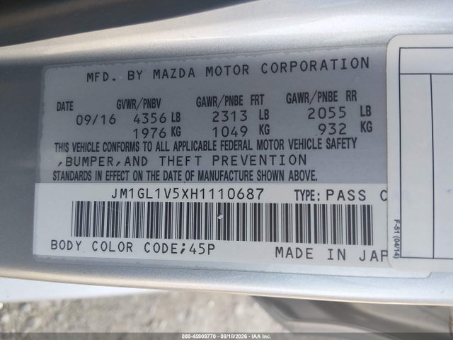 45909770 :رقم المزاد ، JM1GL1V5XH1110687 vin ، 2017 Mazda Mazda6 Touring مزاد بيع