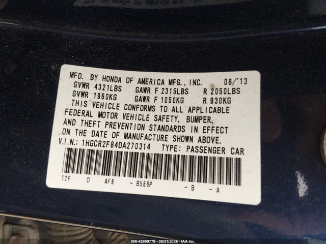 45909778 :رقم المزاد ، 1HGCR2F84DA270314 vin ، 2013 Honda Accord Ex-l مزاد بيع