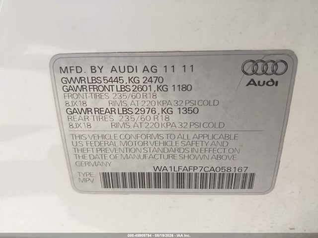 Aukcja sprzedaży 2012 Audi Q5 2.0t Premium, vin: WA1LFAFP7CA058167, numer aukcji: 45909794