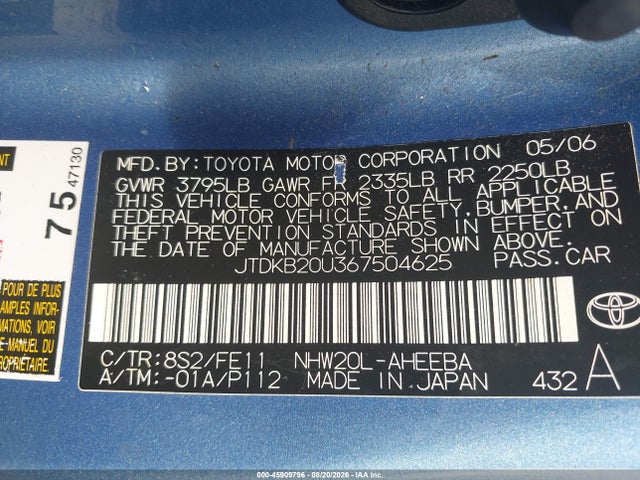 Aukcja sprzedaży 2006 Toyota Prius, vin: JTDKB20U367504625, numer aukcji: 45909796
