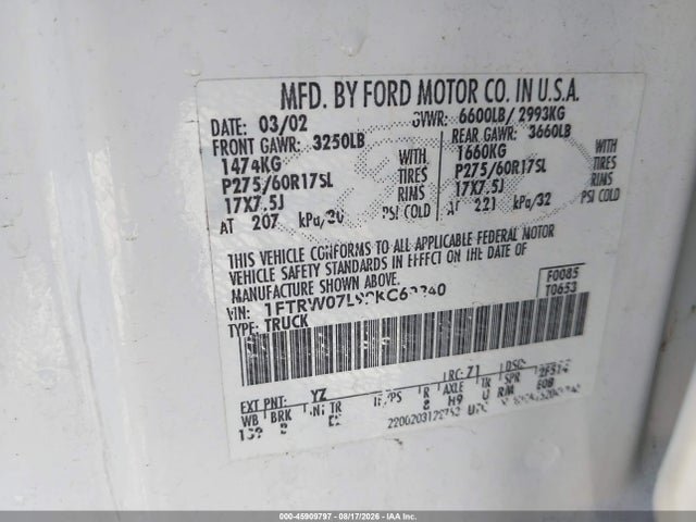 Aukcja sprzedaży 2002 Ford F-150 Lariat/xlt, vin: 1FTRW07L92KC69840, numer aukcji: 45909797