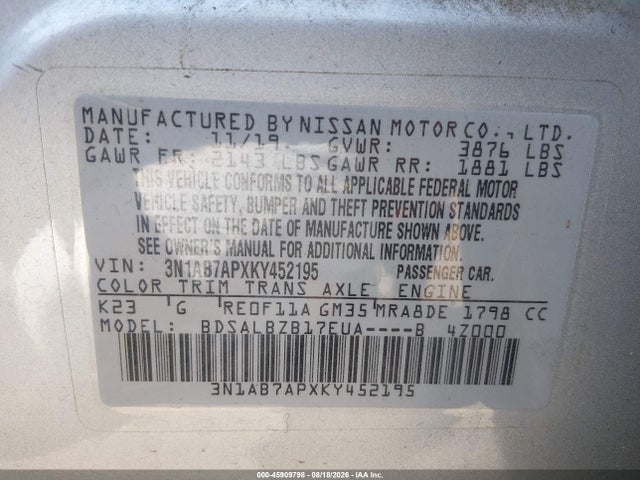 Auction sale of the 2019 Nissan Sentra S, vin: 3N1AB7APXKY452195, lot number: 45909798