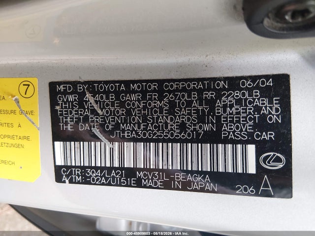 Продаж на аукціоні авто 2005 Lexus Es 330, vin: JTHBA30G255056017, номер лоту: 45909803