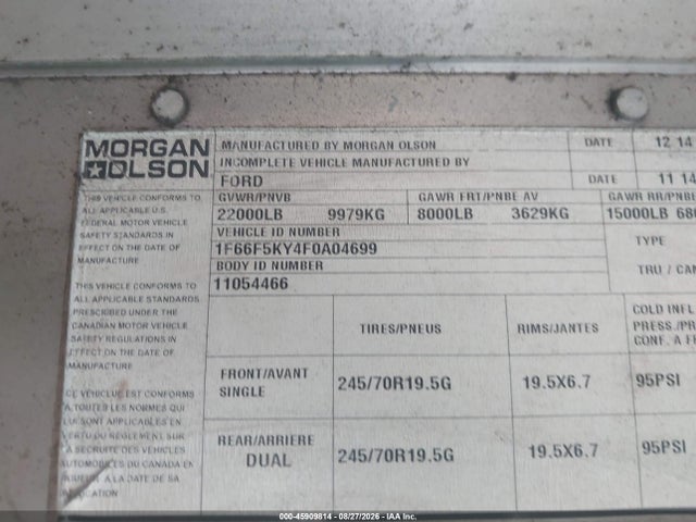 Продажа на аукционе авто 2015 Ford F-59 Commercial Stripped, vin: 1F66F5KY4F0A04699, номер лота: 45909814