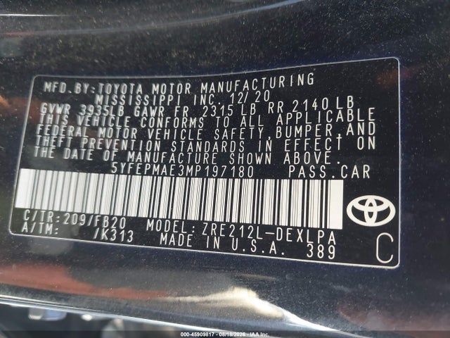 Toyota COROLLA LE 2021 5YFEPMAE3MP197180 Image 9