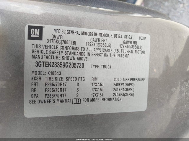 Aukcja sprzedaży 2009 Gmc Sierra 1500 Sle, vin: 3GTEK23359G205730, numer aukcji: 45909820