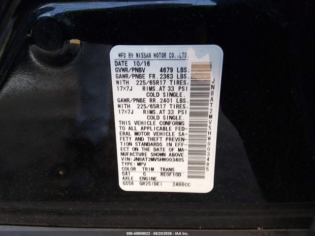Продаж на аукціоні авто 2017 Nissan Rogue Sv, vin: JN8AT2MV5HW003485, номер лоту: 45909822