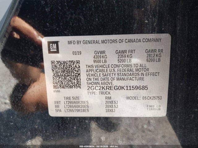 45909834 :رقم المزاد ، 2GC2KREG0K1159685 vin ، 2019 Chevrolet Silverado 2500hd Wt مزاد بيع