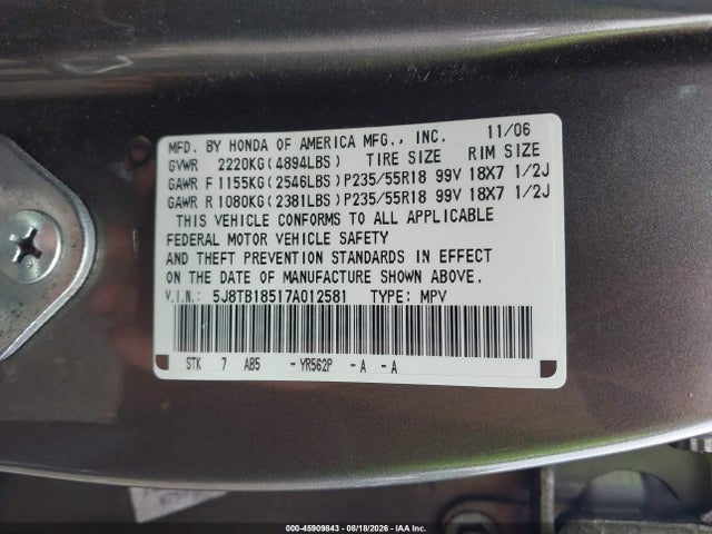 Aukcja sprzedaży 2007 Acura Rdx, vin: 5J8TB18517A012581, numer aukcji: 45909843