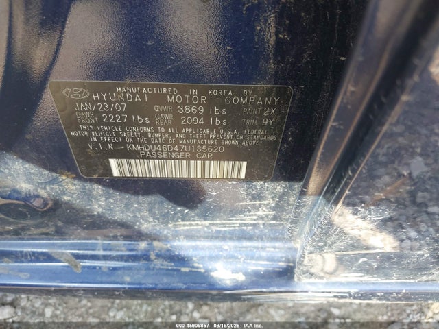 45909857 :رقم المزاد ، KMHDU46D47U135620 vin ، 2007 Hyundai Elantra Gls/ltd/se مزاد بيع