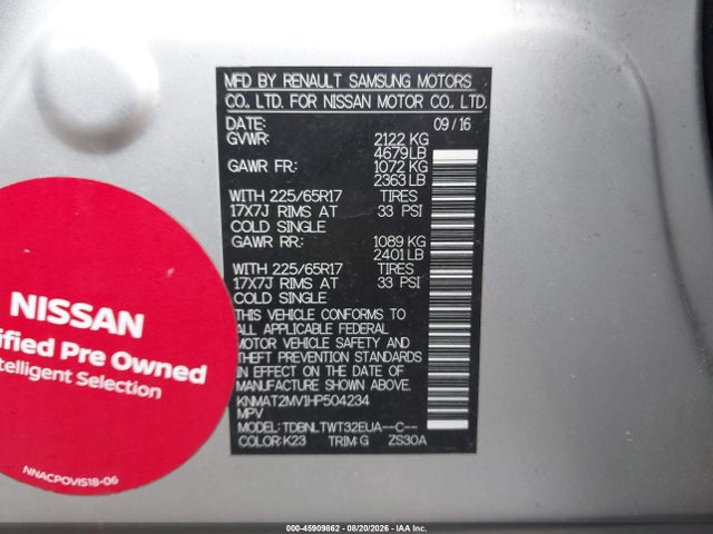 45909862 :رقم المزاد ، KNMAT2MV1HP504234 vin ، 2017 Nissan Rogue Sv مزاد بيع