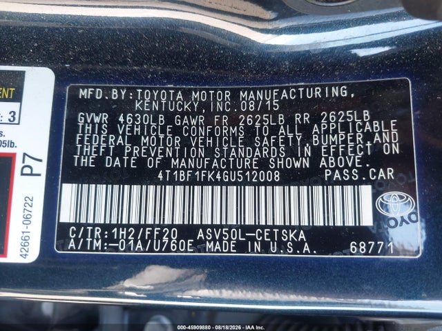Toyota CAMRY SE 2016 4T1BF1FK4GU512008 Image 9
