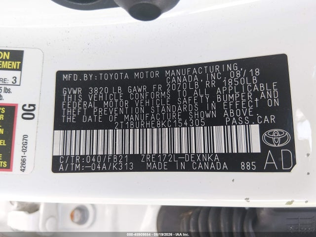 45909884 :رقم المزاد ، 2T1BURHE8KC154305 vin ، 2019 Toyota Corolla Le مزاد بيع