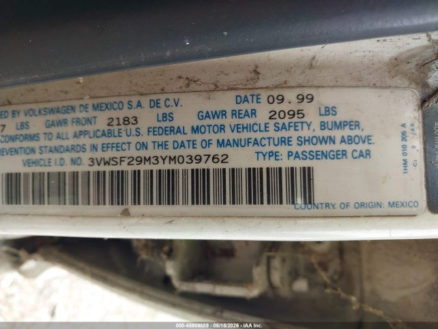 Aukcja sprzedaży 2000 Volkswagen Jetta Gls Tdi, vin: 3VWSF29M3YM039762, numer aukcji: 45909889