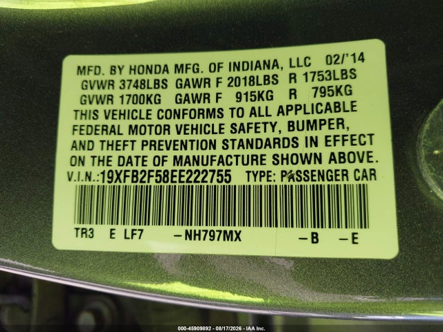 Honda Civic Lx 2014 19XFB2F58EE222755 Image 9
