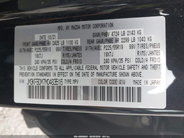45909893 :رقم المزاد ، JM3KFBDM7M0483516 vin ، 2021 Mazda Cx-5 Grand Touring مزاد بيع
