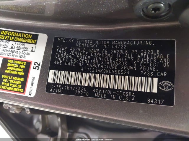 2022 Toyota Camry Se Hybrid მანქანა იყიდება აუქციონზე, vin: 4T1S31AK9NU590524, აუქციონის ნომერი: 45909902