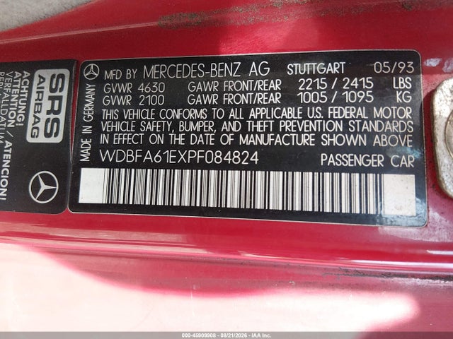 Aukcja sprzedaży 1993 Mercedes-benz 300 Sl, vin: WDBFA61EXPF084824, numer aukcji: 45909908