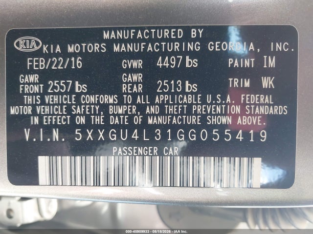 Продажа на аукционе авто 2016 Kia Optima Ex, vin: 5XXGU4L31GG055419, номер лота: 45909933