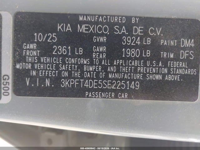 2025 Kia K4 Lxs მანქანა იყიდება აუქციონზე, vin: 3KPFT4DE5SE225149, აუქციონის ნომერი: 45909942