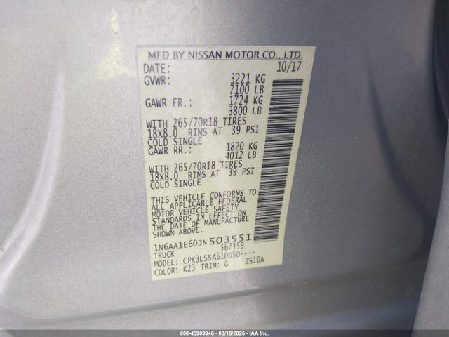 2018 Nissan Titan Sv მანქანა იყიდება აუქციონზე, vin: 1N6AA1E60JN503551, აუქციონის ნომერი: 45909946