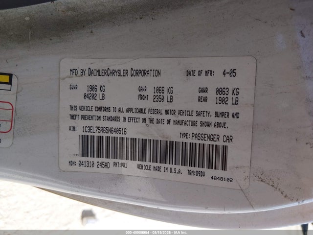 45909954 :رقم المزاد ، 1C3EL75R65N640516 vin ، 2005 Chrysler Sebring Gtc مزاد بيع