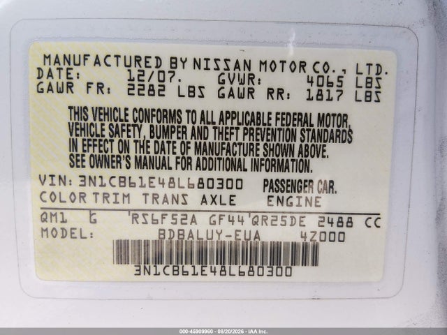 Продажа на аукционе авто 2008 Nissan Sentra Se-r Spec V, vin: 3N1CB61E48L680300, номер лота: 45909960