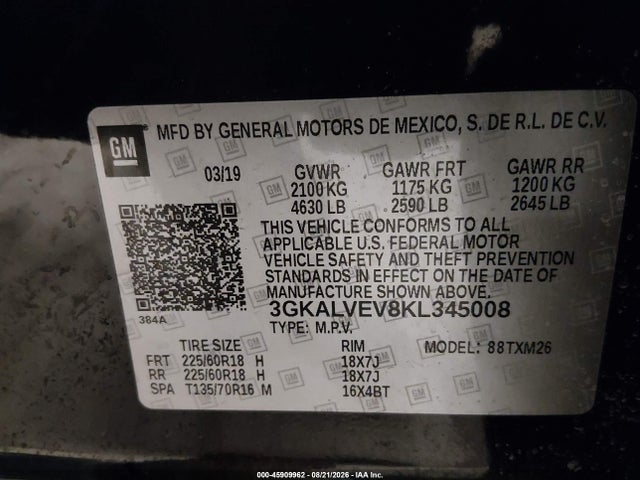 45909962 :رقم المزاد ، 3GKALVEV8KL345008 vin ، 2019 Gmc Terrain Slt مزاد بيع