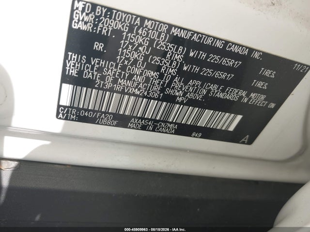 2021 Toyota Rav4 Xle მანქანა იყიდება აუქციონზე, vin: 2T3P1RFVXMW243061, აუქციონის ნომერი: 45909963