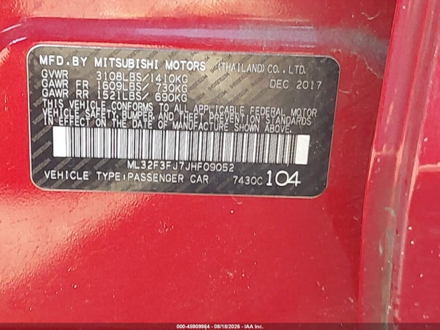 Aukcja sprzedaży 2018 Mitsubishi Mirage G4 Es, vin: ML32F3FJ7JHF09052, numer aukcji: 45909984