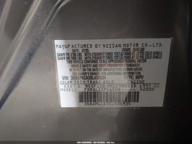 45909989 :رقم المزاد ، 3N8AP6CA3SL438934 vin ، 2025 Nissan Kicks Sv Fwd مزاد بيع