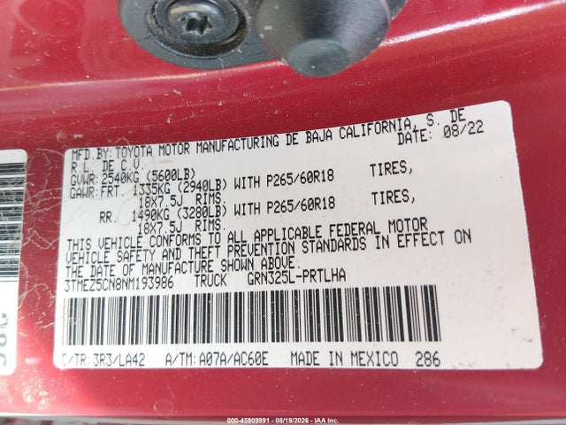 45909991 :رقم المزاد ، 3TMEZ5CN8NM193986 vin ، 2022 Toyota Tacoma Limited مزاد بيع