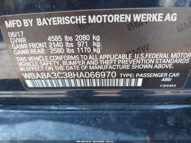 45910010 :رقم المزاد ، WBA8A3C38HA066970 vin ، 2017 Bmw 320i Xdrive مزاد بيع
