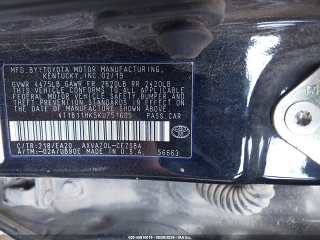 2019 Toyota Camry Se მანქანა იყიდება აუქციონზე, vin: 4T1B11HK5KU751605, აუქციონის ნომერი: 45910015