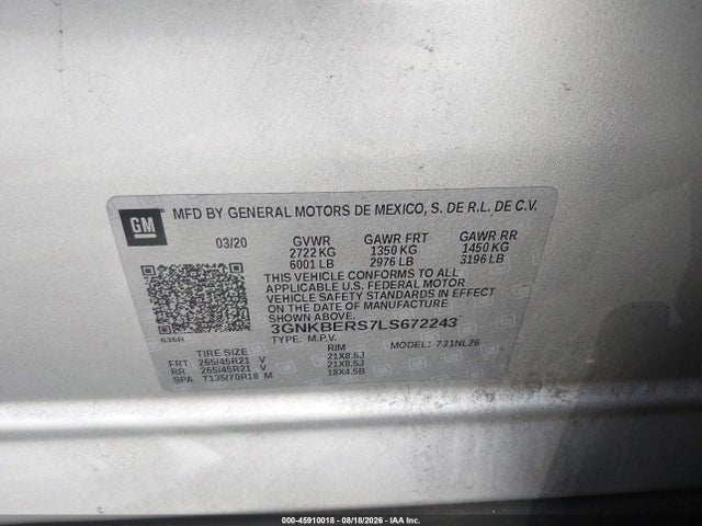 45910018 :رقم المزاد ، 3GNKBERS7LS672243 vin ، 2020 Chevrolet Blazer Fwd Rs مزاد بيع