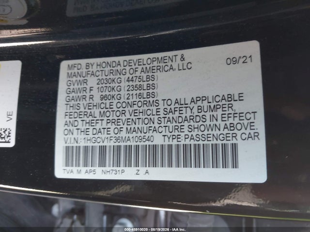 Aukcja sprzedaży 2021 Honda Accord Sport, vin: 1HGCV1F36MA109540, numer aukcji: 45910020