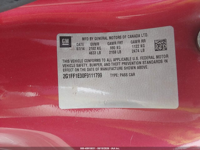 45910031 :رقم المزاد ، 2G1FF1E30F9111799 vin ، 2015 Chevrolet Camaro 2lt مزاد بيع