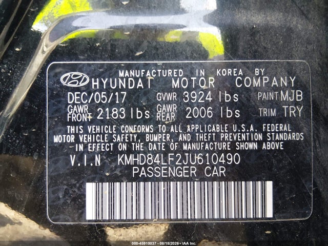 Продаж на аукціоні авто 2018 Hyundai Elantra Sel, vin: KMHD84LF2JU610490, номер лоту: 45910037