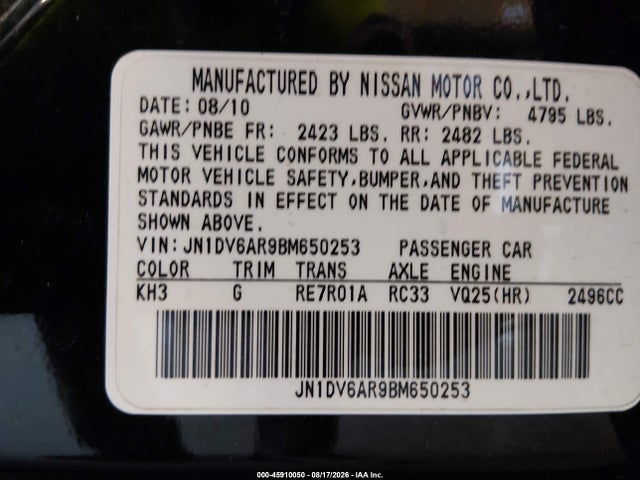 45910050 :رقم المزاد ، JN1DV6AR9BM650253 vin ، 2011 Infiniti G25x مزاد بيع
