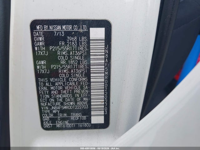 45910056 :رقم المزاد ، JN8AF5MR0DT222703 vin ، 2013 Nissan Juke S مزاد بيع