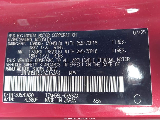 45910060 :رقم المزاد ، JTEVB5BR1S5016363 vin ، 2025 Toyota 4runner Hybrid Trd Off Road Premium مزاد بيع