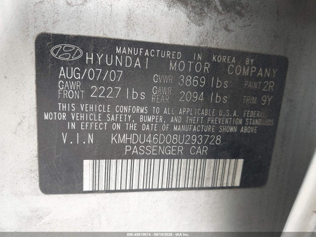 Aukcja sprzedaży 2008 Hyundai Elantra Gls/se, vin: KMHDU46D08U293728, numer aukcji: 45910074