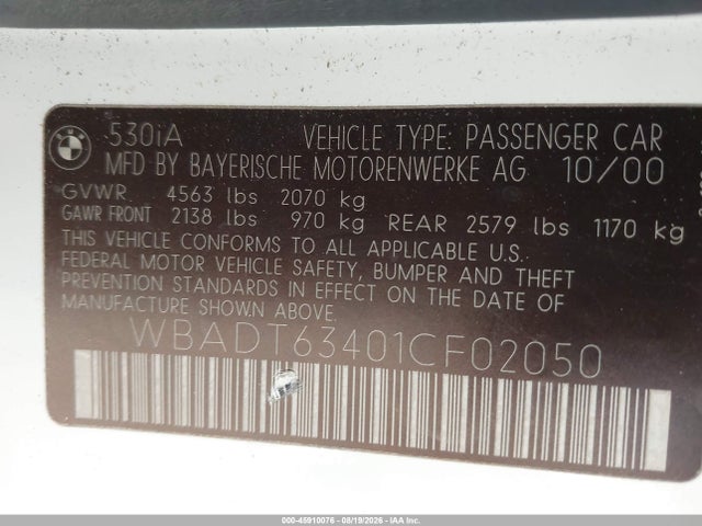 Продаж на аукціоні авто 2001 Bmw 530ia, vin: WBADT63401CF02050, номер лоту: 45910076