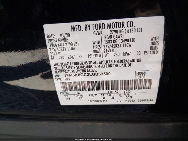 45910088 :رقم المزاد ، 1FM5K8GC2LGB63500 vin ، 2020 Ford Explorer St مزاد بيع