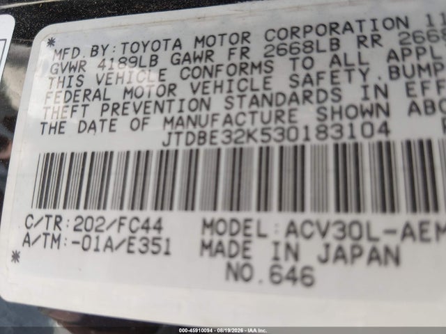 Продаж на аукціоні авто 2003 Toyota Camry Se, vin: JTDBE32K530183104, номер лоту: 45910094