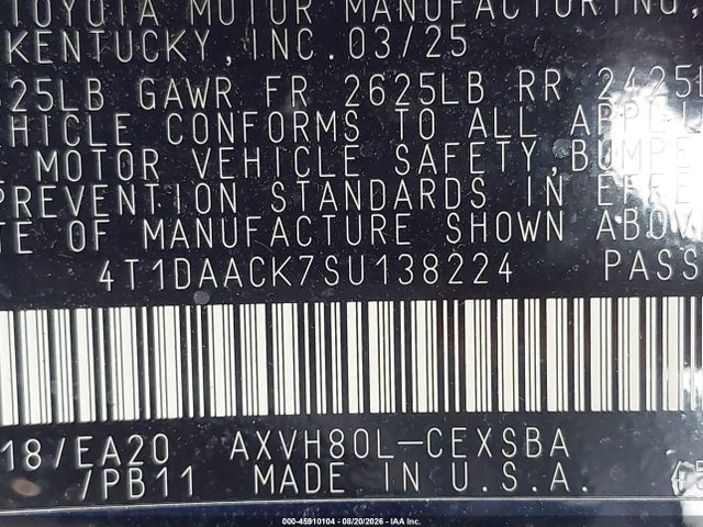 Продаж на аукціоні авто 2025 Toyota Camry Se, vin: 4T1DAACK7SU138224, номер лоту: 45910104